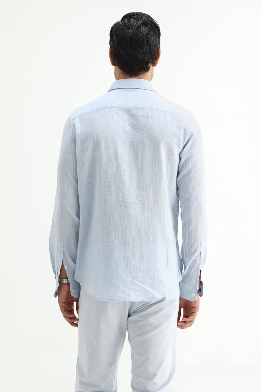 BASICS SLIM FIT BLUE COTTON DOBBY STRIPE SHIRT