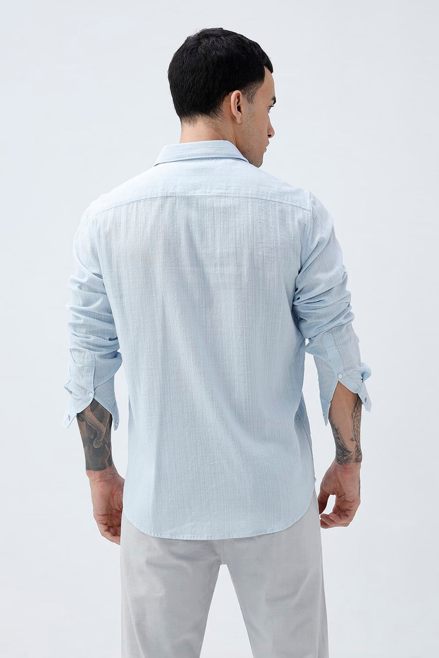 BASICS SLIM FIT BLUE COTTON DOBBY STRIPE SHIRT