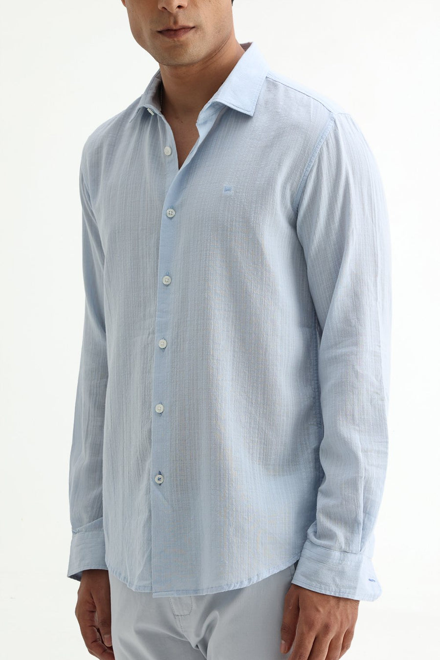 BASICS SLIM FIT BLUE COTTON DOBBY STRIPE SHIRT