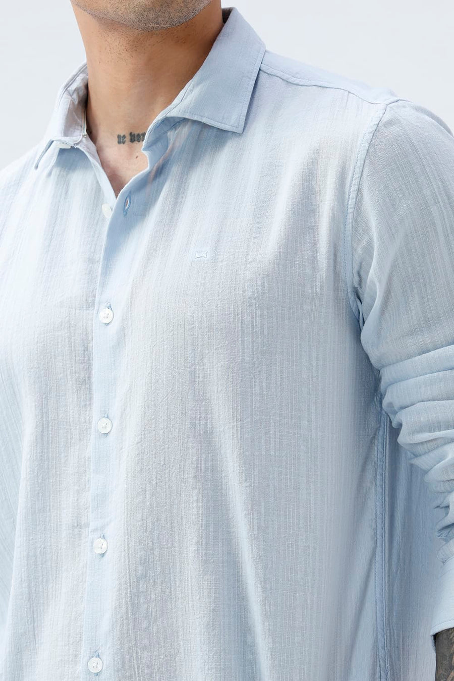 BASICS SLIM FIT BLUE COTTON DOBBY STRIPE SHIRT