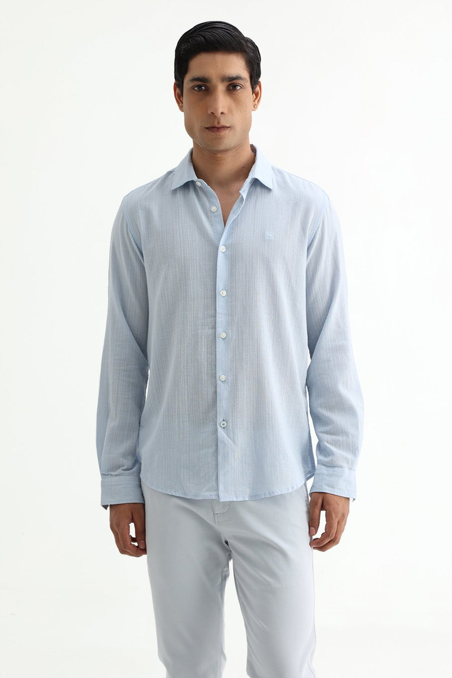 BASICS SLIM FIT BLUE COTTON DOBBY STRIPE SHIRT