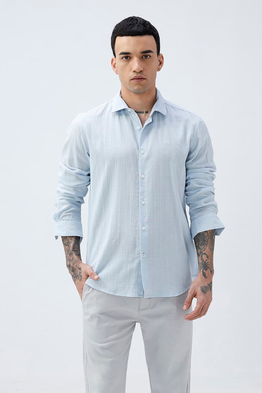 BASICS SLIM FIT BLUE COTTON DOBBY STRIPE SHIRT