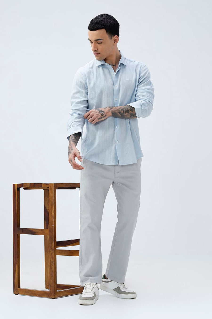BASICS SLIM FIT BLUE COTTON DOBBY STRIPE SHIRT
