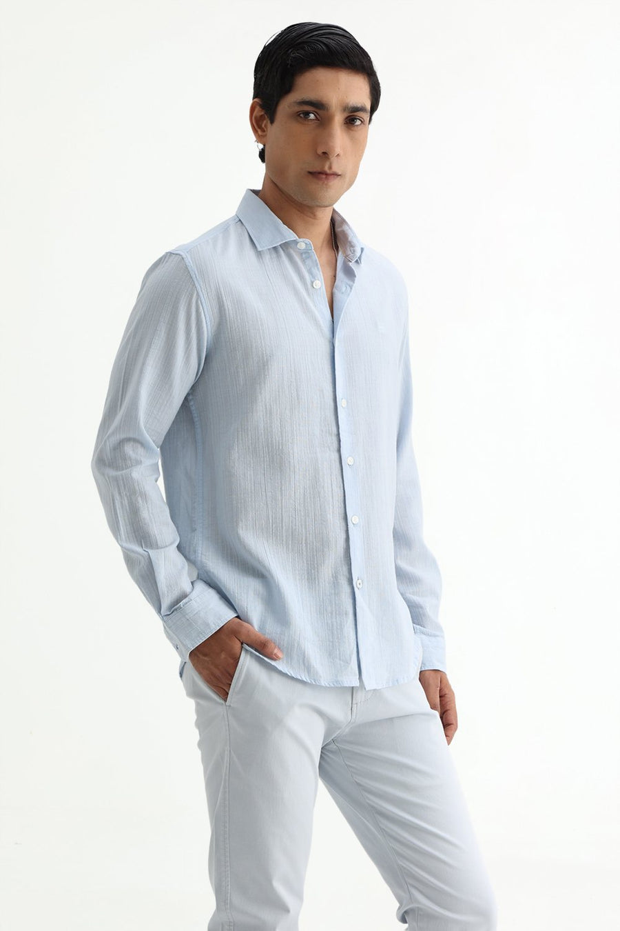 BASICS SLIM FIT BLUE COTTON DOBBY STRIPE SHIRT