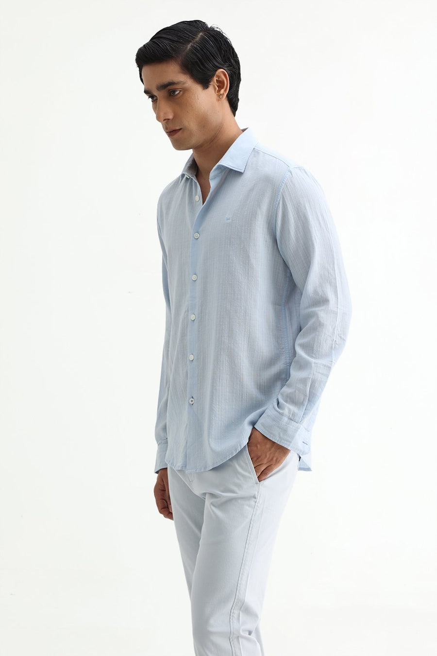 BASICS SLIM FIT BLUE COTTON DOBBY STRIPE SHIRT
