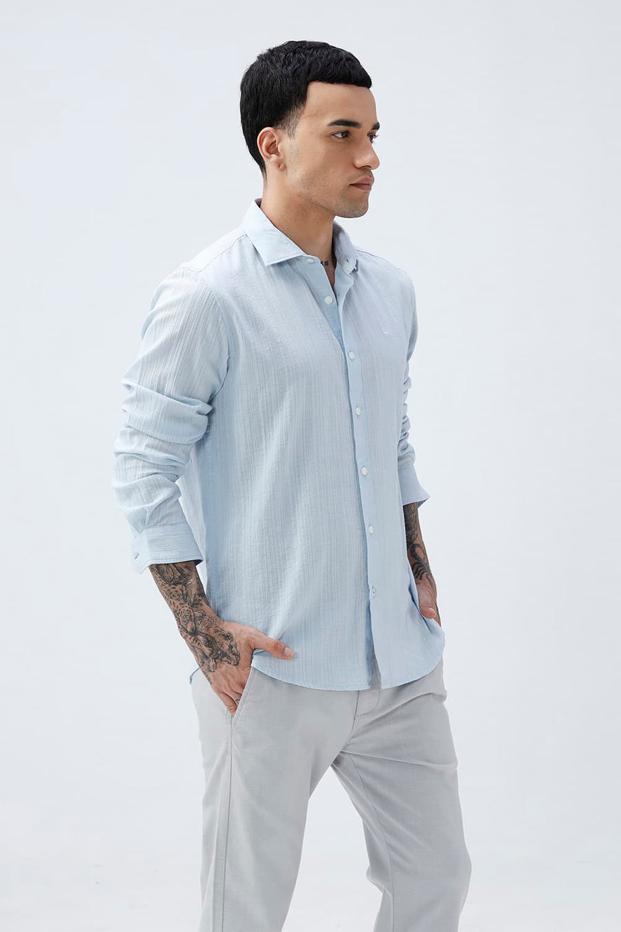 BASICS SLIM FIT BLUE COTTON DOBBY STRIPE SHIRT