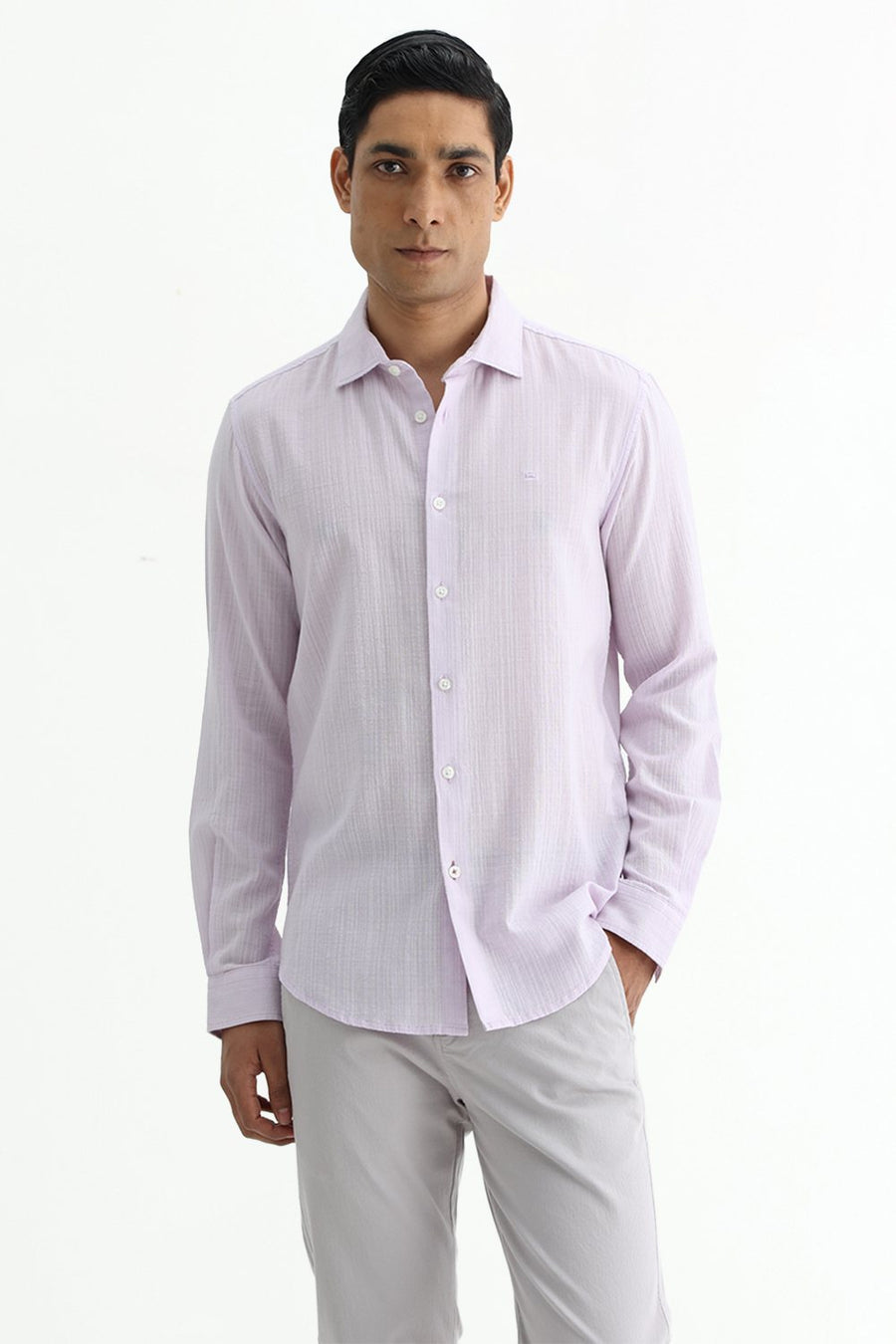 BASICS SLIM FIT GREEN COTTON DOBBY STRIPE SHIRT