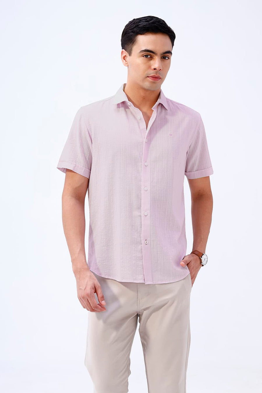 BASICS SLIM FIT GREEN COTTON DOBBY STRIPE HALFSLEEVES SHIRT