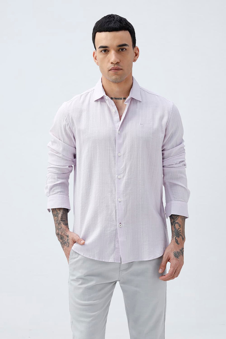 BASICS SLIM FIT GREEN COTTON DOBBY STRIPE SHIRT