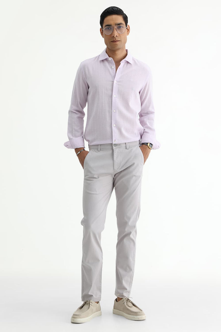 BASICS SLIM FIT GREEN COTTON DOBBY STRIPE SHIRT