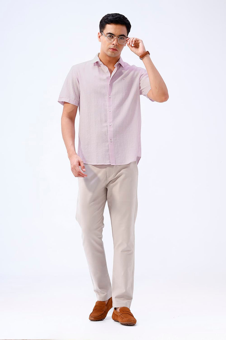 BASICS SLIM FIT GREEN COTTON DOBBY STRIPE HALFSLEEVES SHIRT