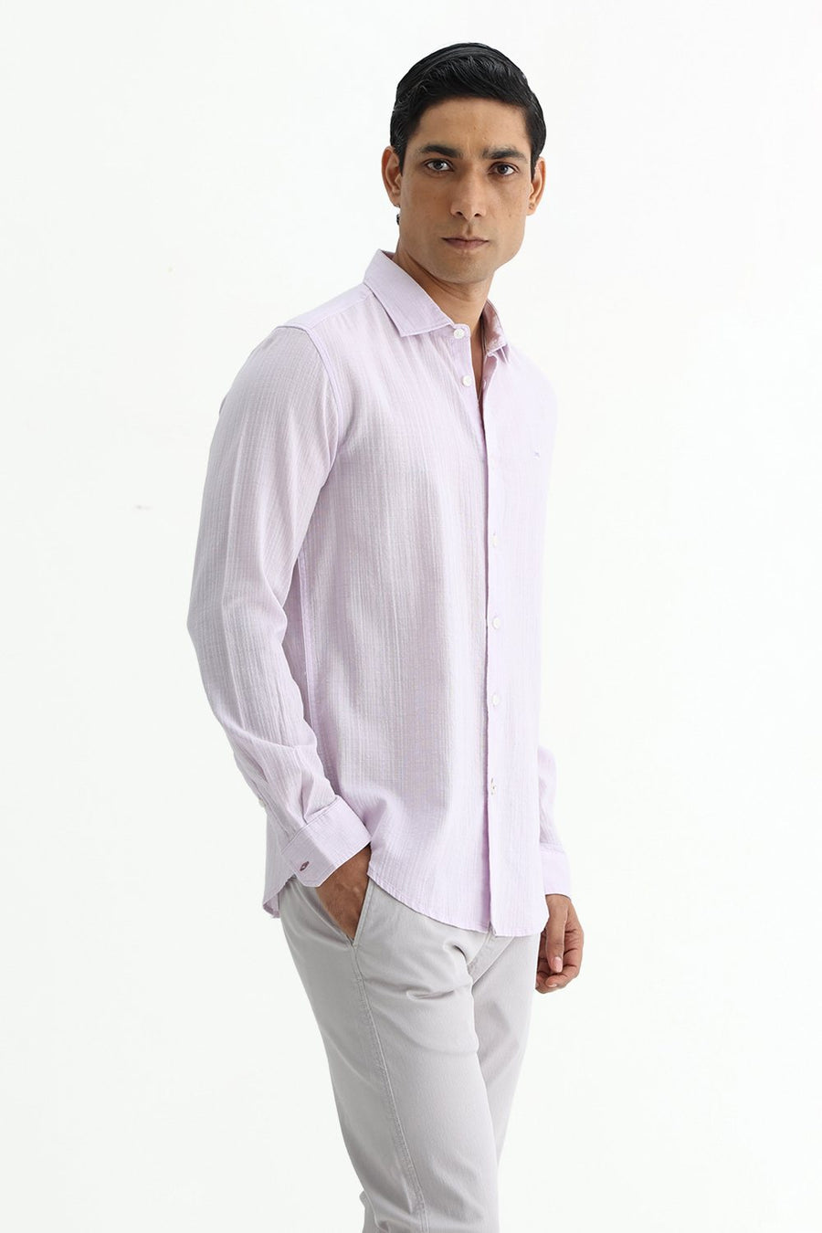 BASICS SLIM FIT GREEN COTTON DOBBY STRIPE SHIRT