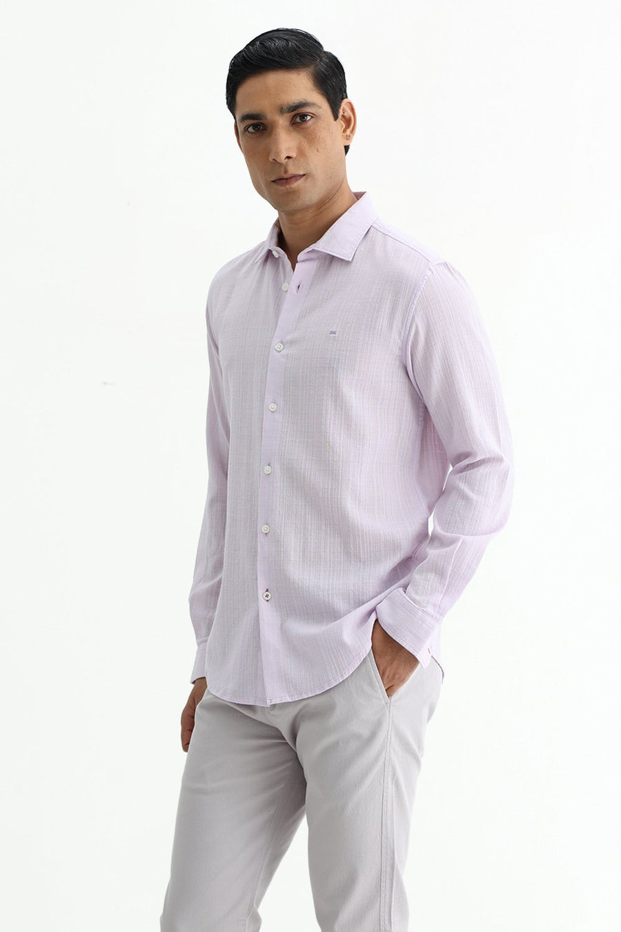 BASICS SLIM FIT GREEN COTTON DOBBY STRIPE SHIRT