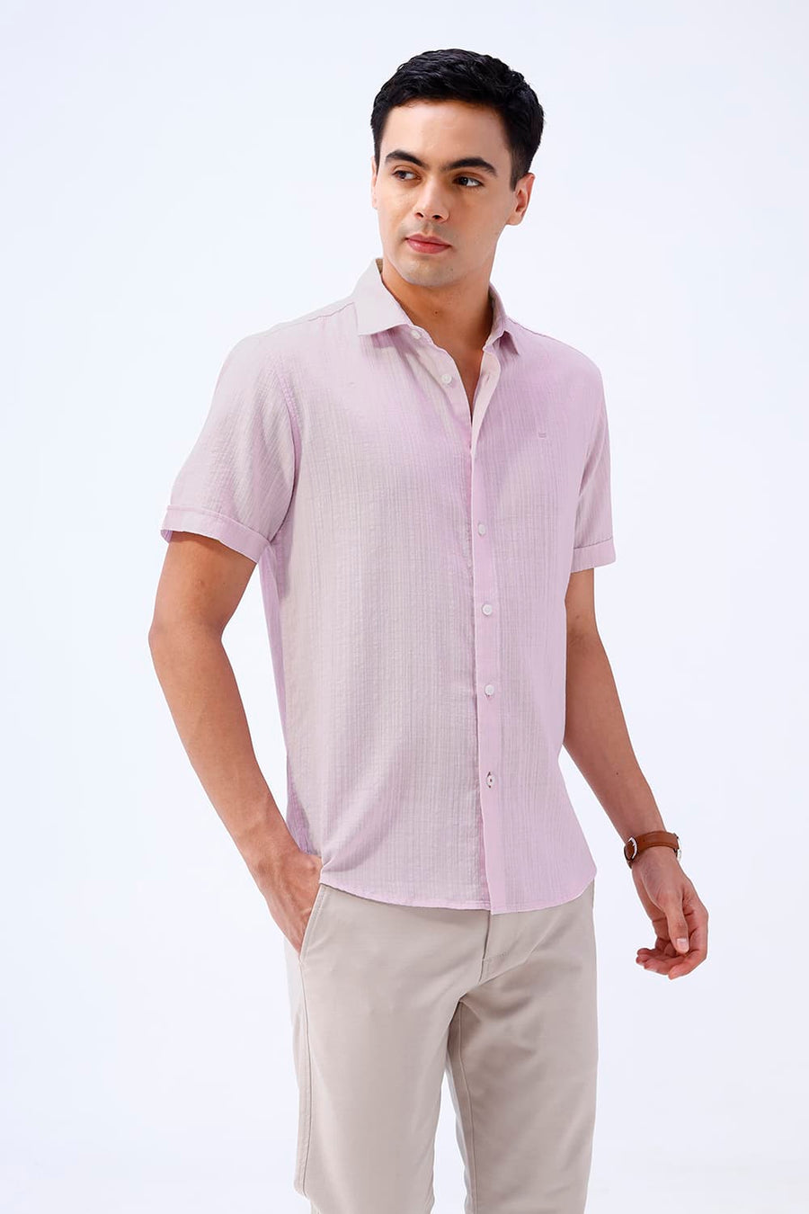 BASICS SLIM FIT GREEN COTTON DOBBY STRIPE HALFSLEEVES SHIRT