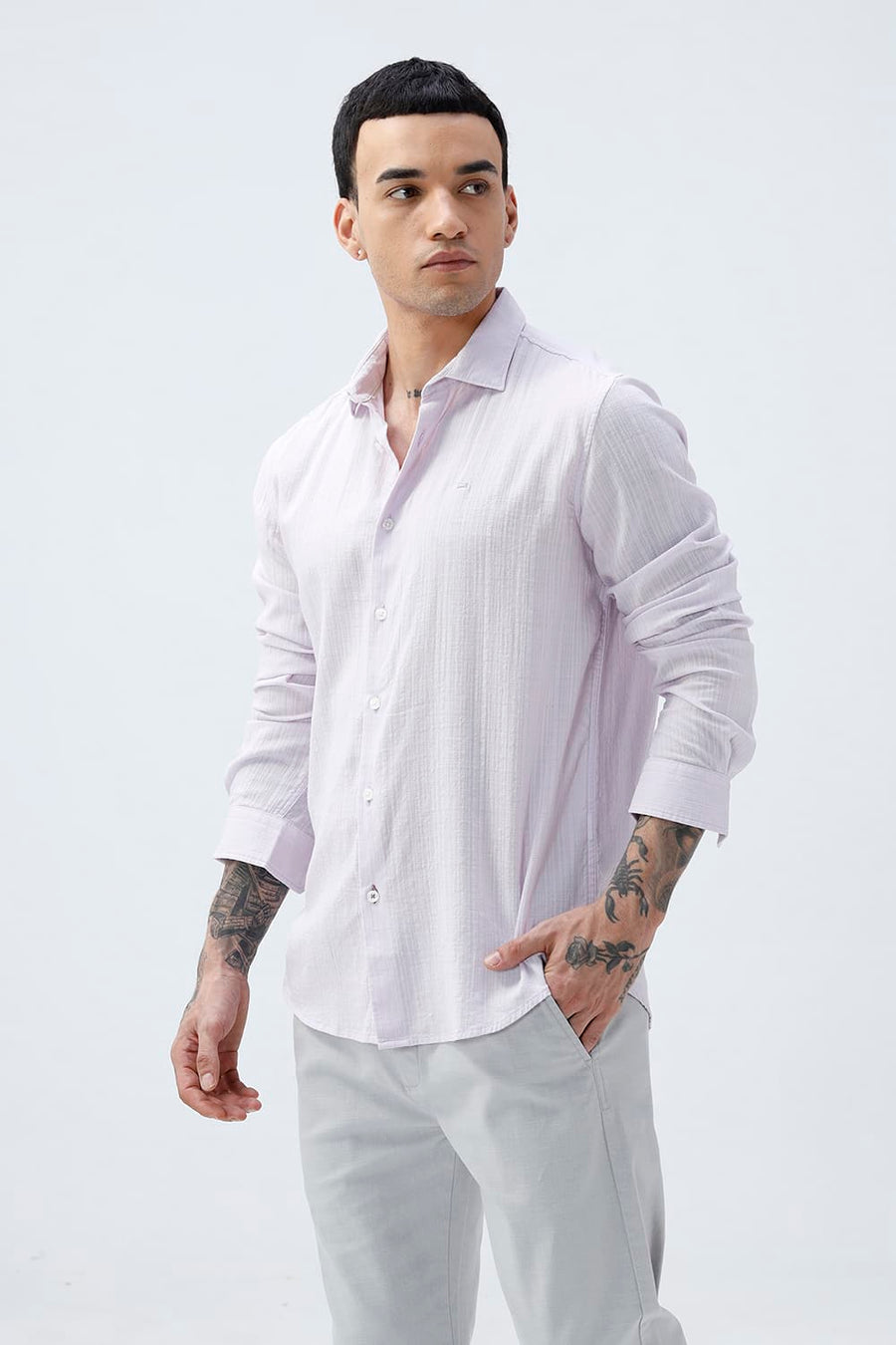 BASICS SLIM FIT GREEN COTTON DOBBY STRIPE SHIRT