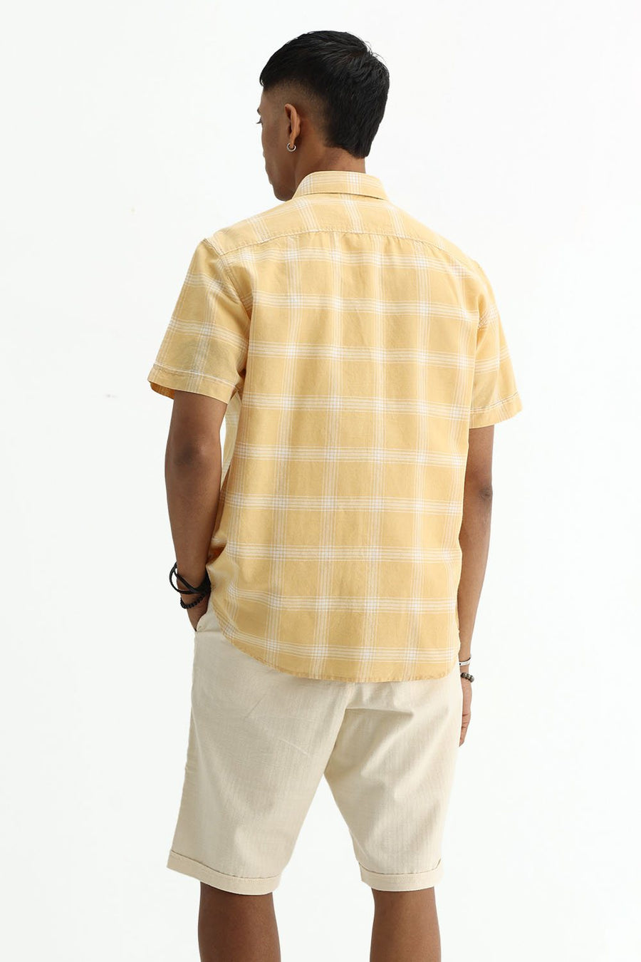 BASICS SLIM FIT BEIGE COTTON LINEN CHECKS SHIRT