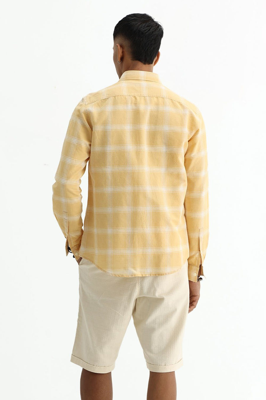 BASICS SLIM FIT BEIGE COTTON LINEN CHECKS HALFSLEEVES SHIRT