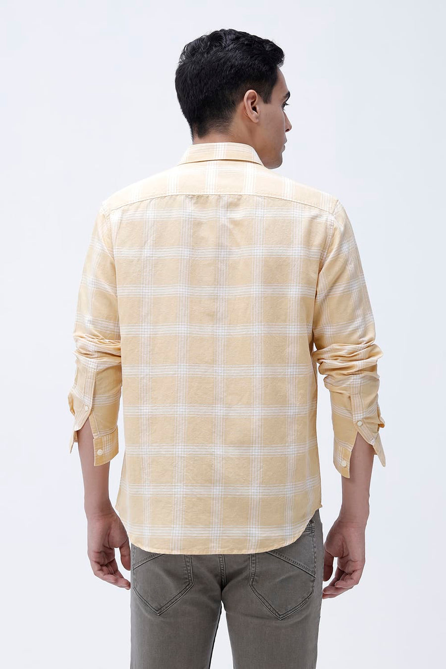 BASICS SLIM FIT BEIGE COTTON LINEN CHECKS SHIRT