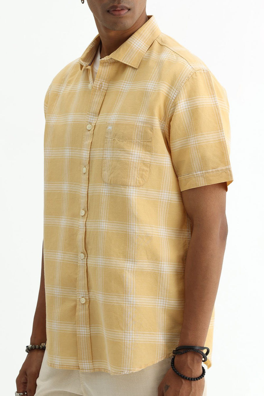 BASICS SLIM FIT BEIGE COTTON LINEN CHECKS SHIRT