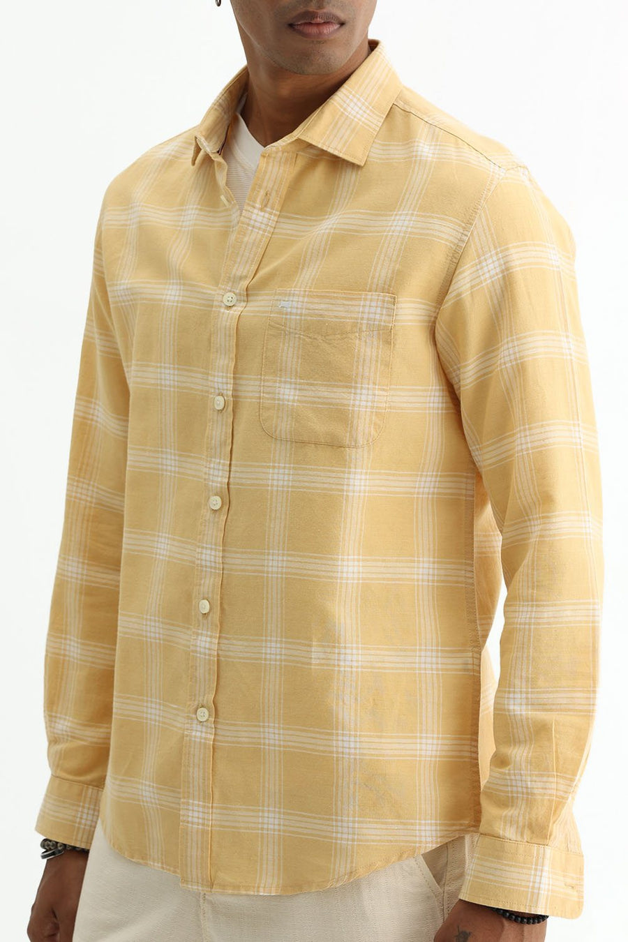 BASICS SLIM FIT BEIGE COTTON LINEN CHECKS HALFSLEEVES SHIRT