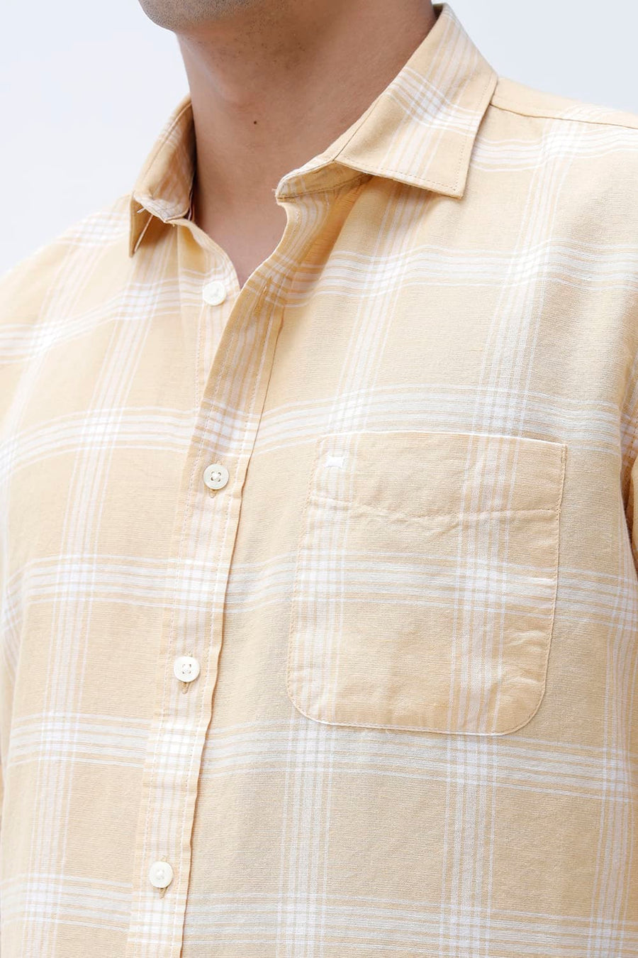 BASICS SLIM FIT BEIGE COTTON LINEN CHECKS SHIRT