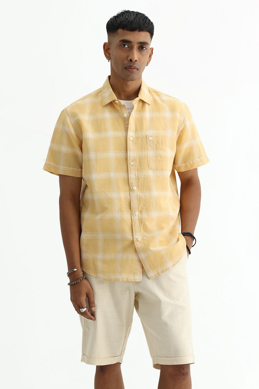 BASICS SLIM FIT BEIGE COTTON LINEN CHECKS SHIRT