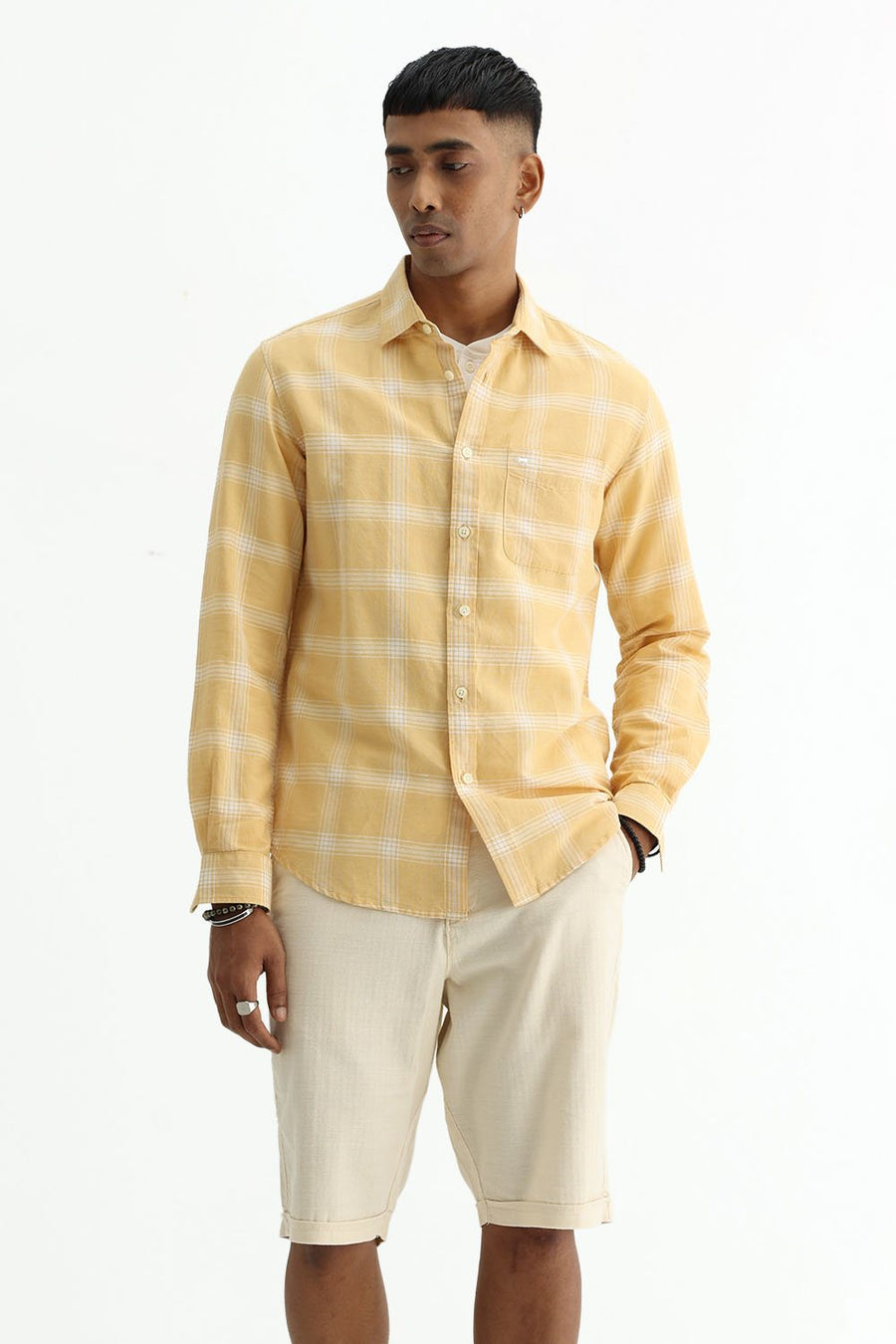 BASICS SLIM FIT BEIGE COTTON LINEN CHECKS HALFSLEEVES SHIRT
