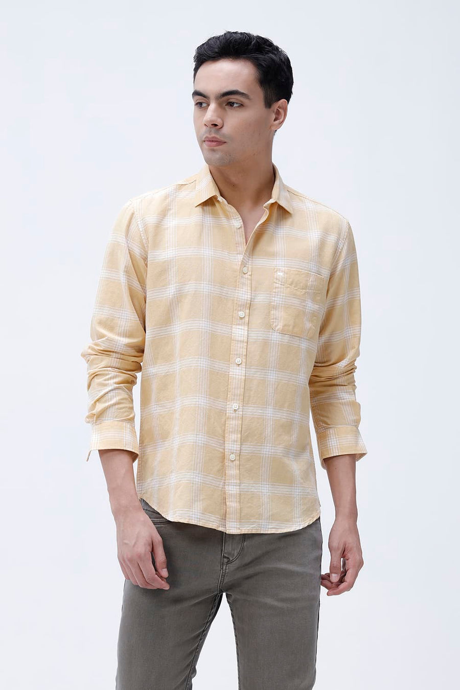 BASICS SLIM FIT BEIGE COTTON LINEN CHECKS SHIRT