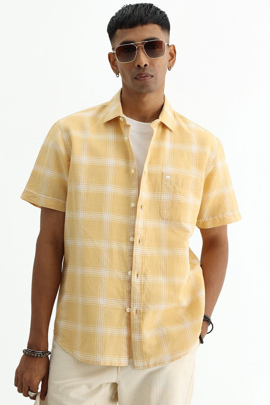BASICS SLIM FIT BEIGE COTTON LINEN CHECKS SHIRT