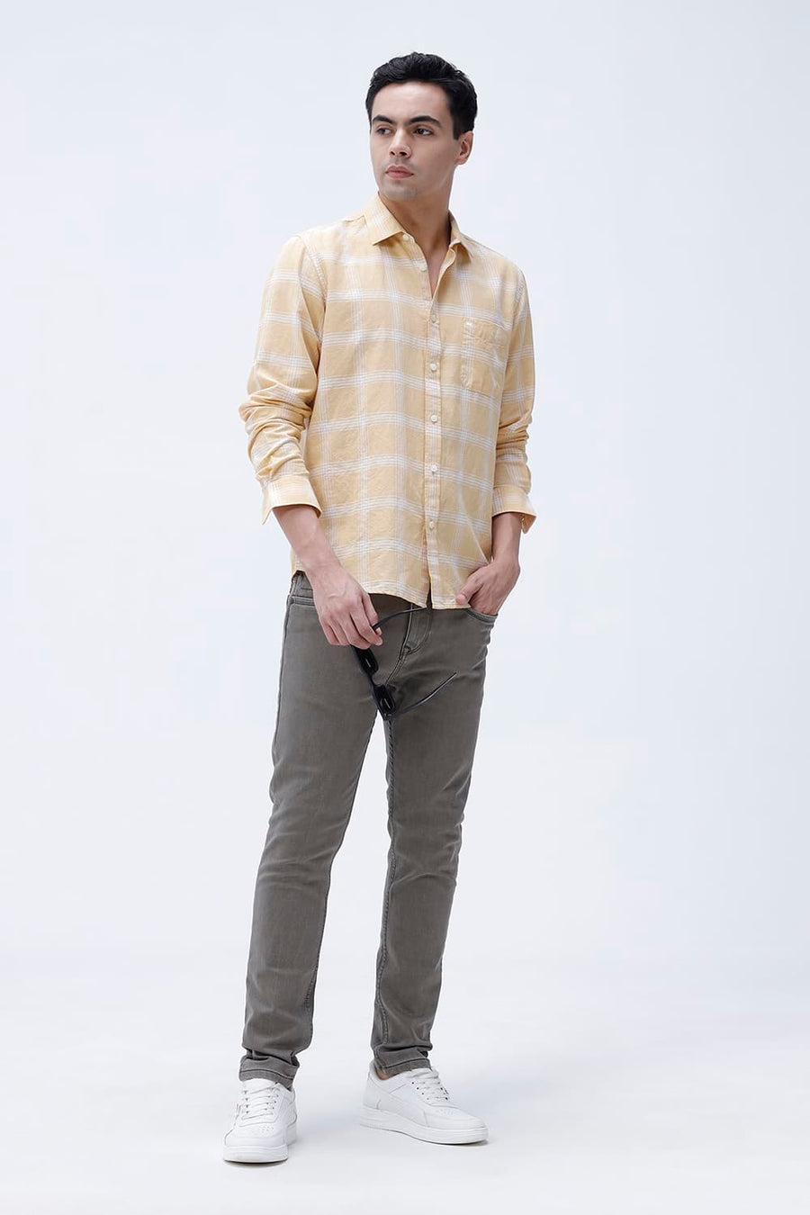 BASICS SLIM FIT BEIGE COTTON LINEN CHECKS SHIRT