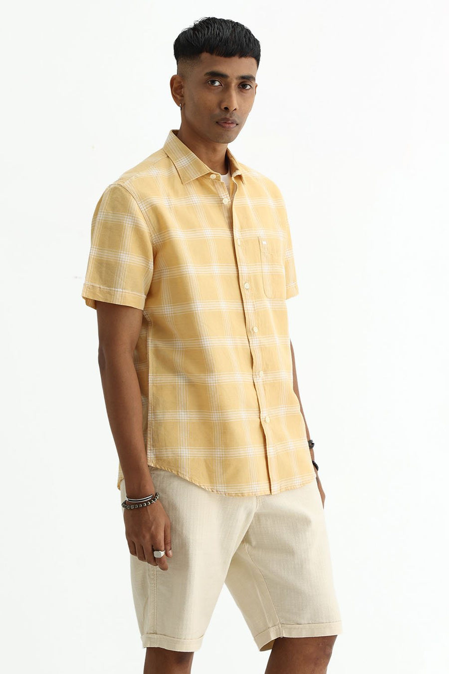 BASICS SLIM FIT BEIGE COTTON LINEN CHECKS SHIRT