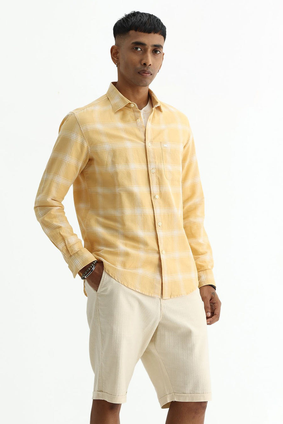 BASICS SLIM FIT BEIGE COTTON LINEN CHECKS HALFSLEEVES SHIRT