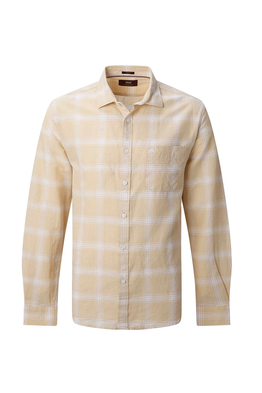 BASICS SLIM FIT BEIGE COTTON LINEN CHECKS SHIRT
