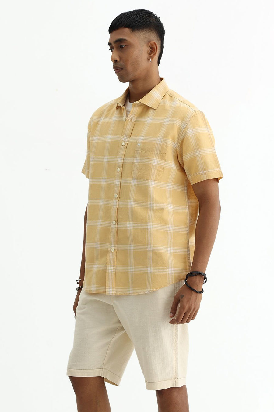 BASICS SLIM FIT BEIGE COTTON LINEN CHECKS SHIRT