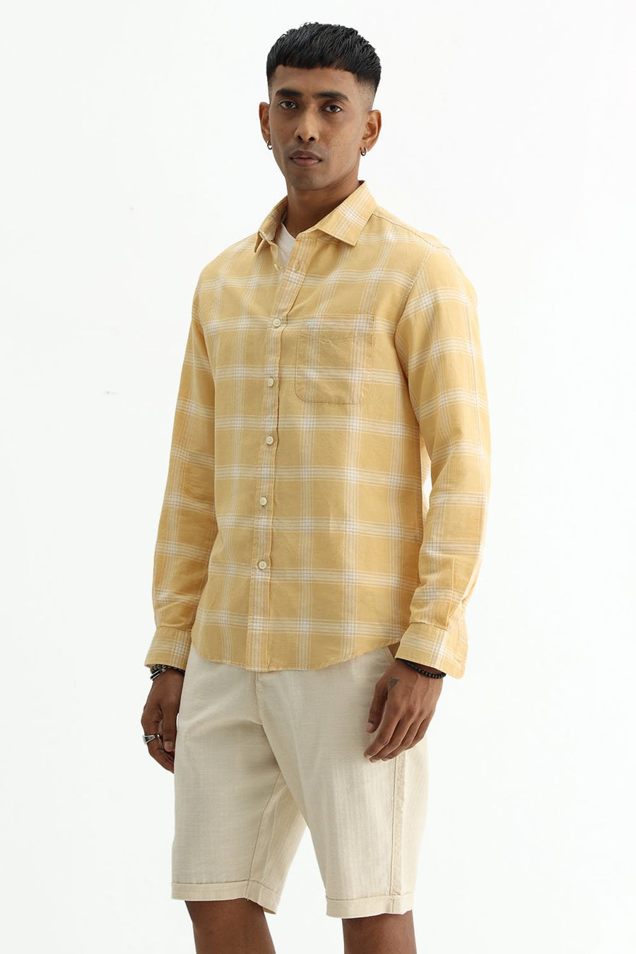 BASICS SLIM FIT BEIGE COTTON LINEN CHECKS HALFSLEEVES SHIRT