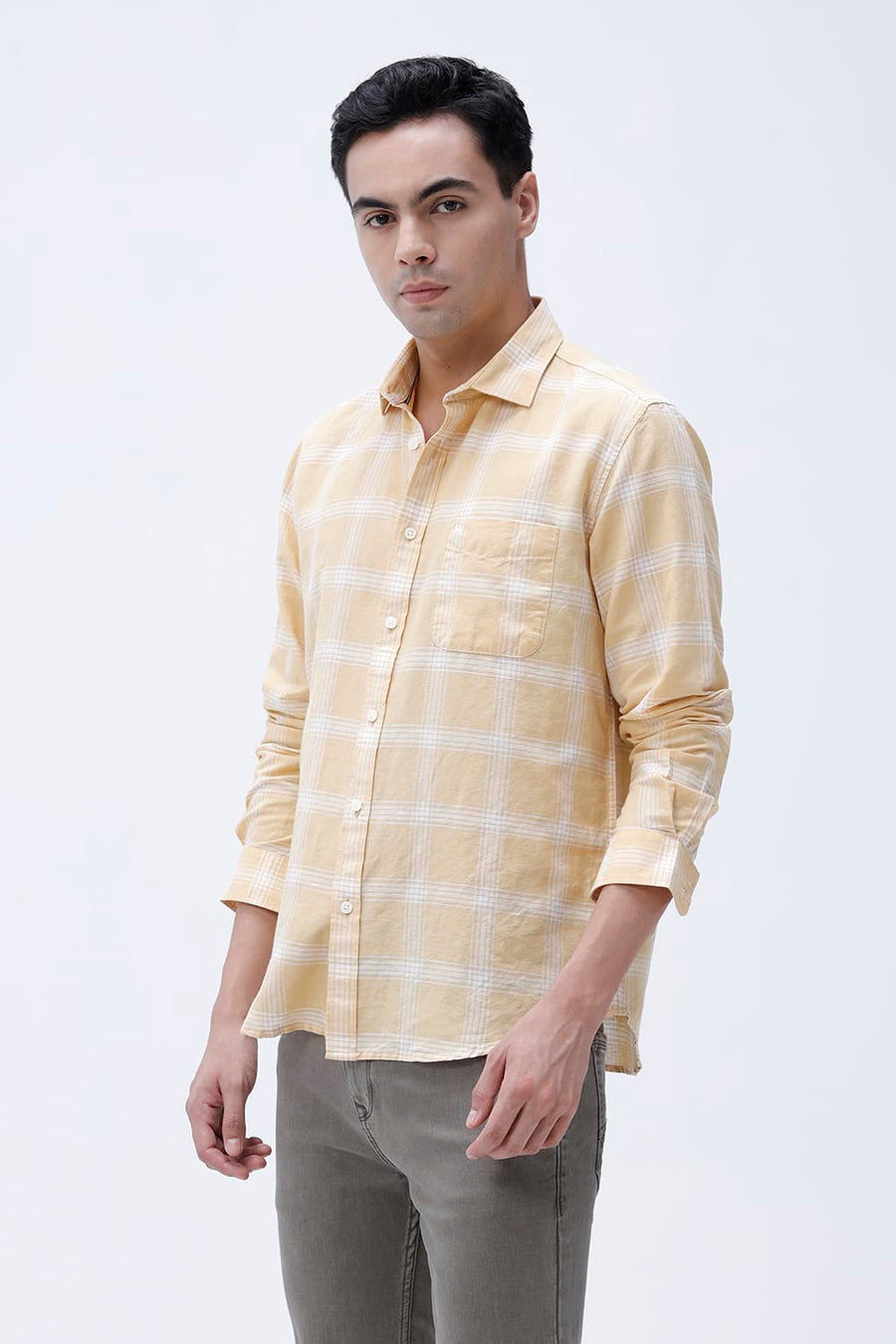 BASICS SLIM FIT BEIGE COTTON LINEN CHECKS SHIRT