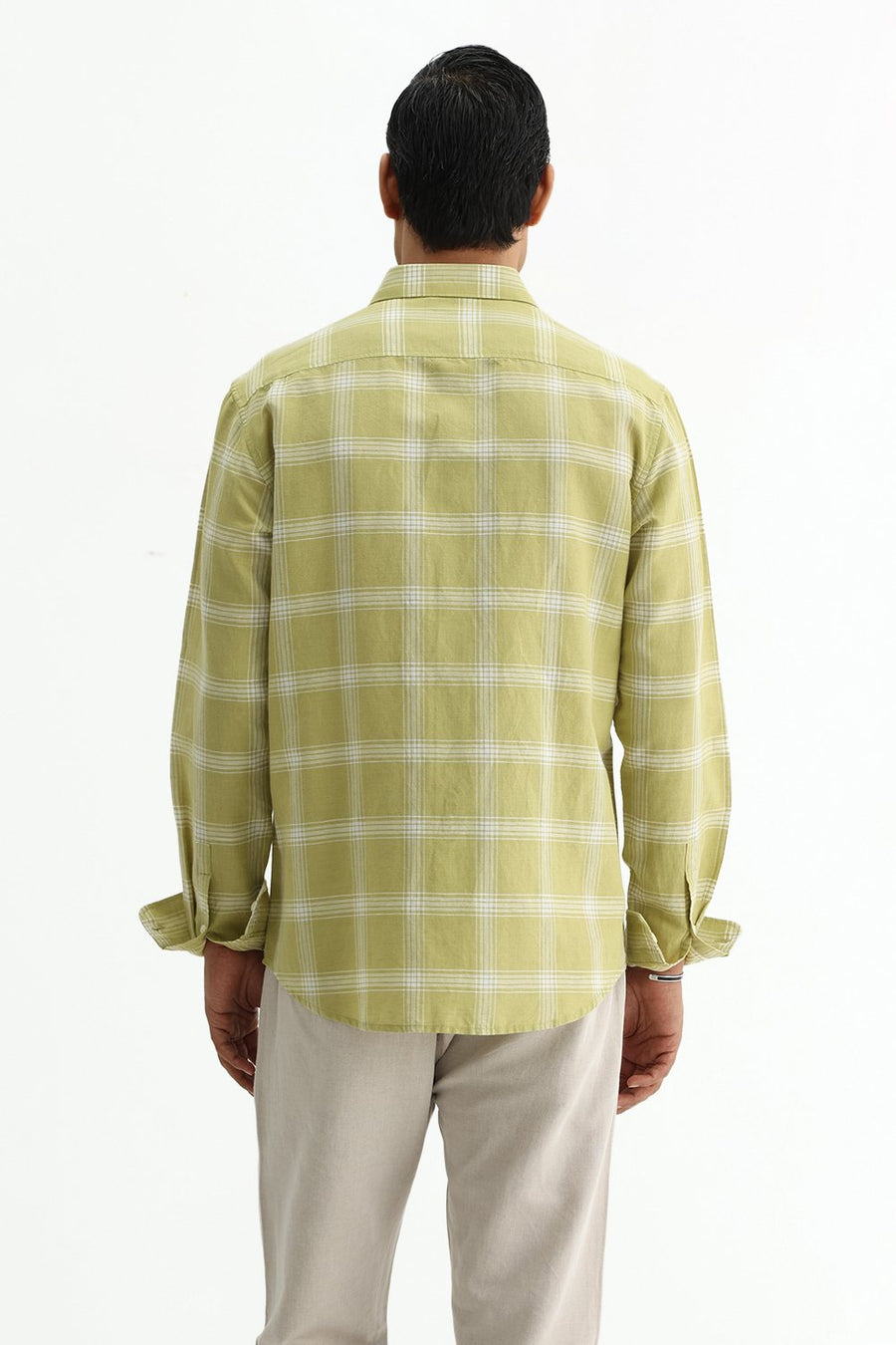 BASICS SLIM FIT BROWN COTTON LINEN CHECKS SHIRT