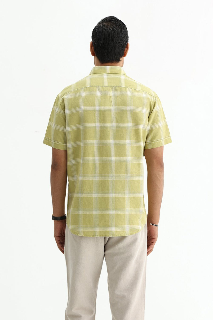 BASICS SLIM FIT BROWN COTTON LINEN CHECKS HALFSLEEVES SHIRT