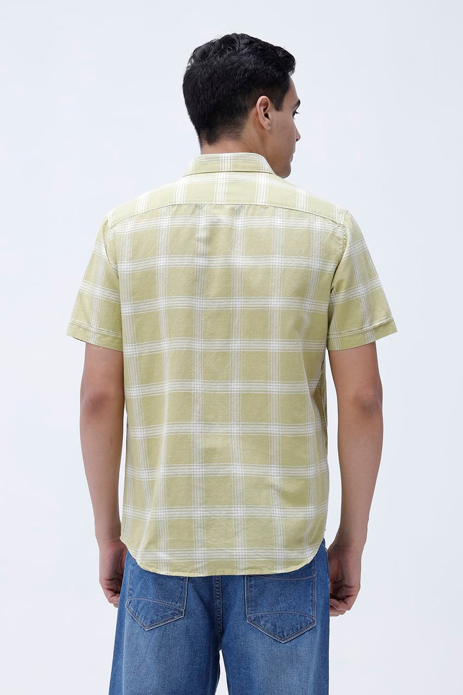 BASICS SLIM FIT BROWN COTTON LINEN CHECKS HALFSLEEVES SHIRT