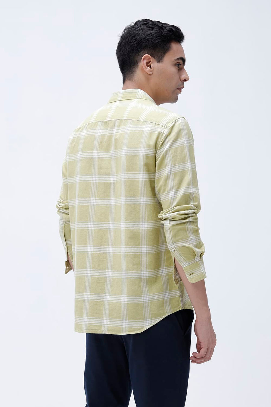 BASICS SLIM FIT BROWN COTTON LINEN CHECKS SHIRT