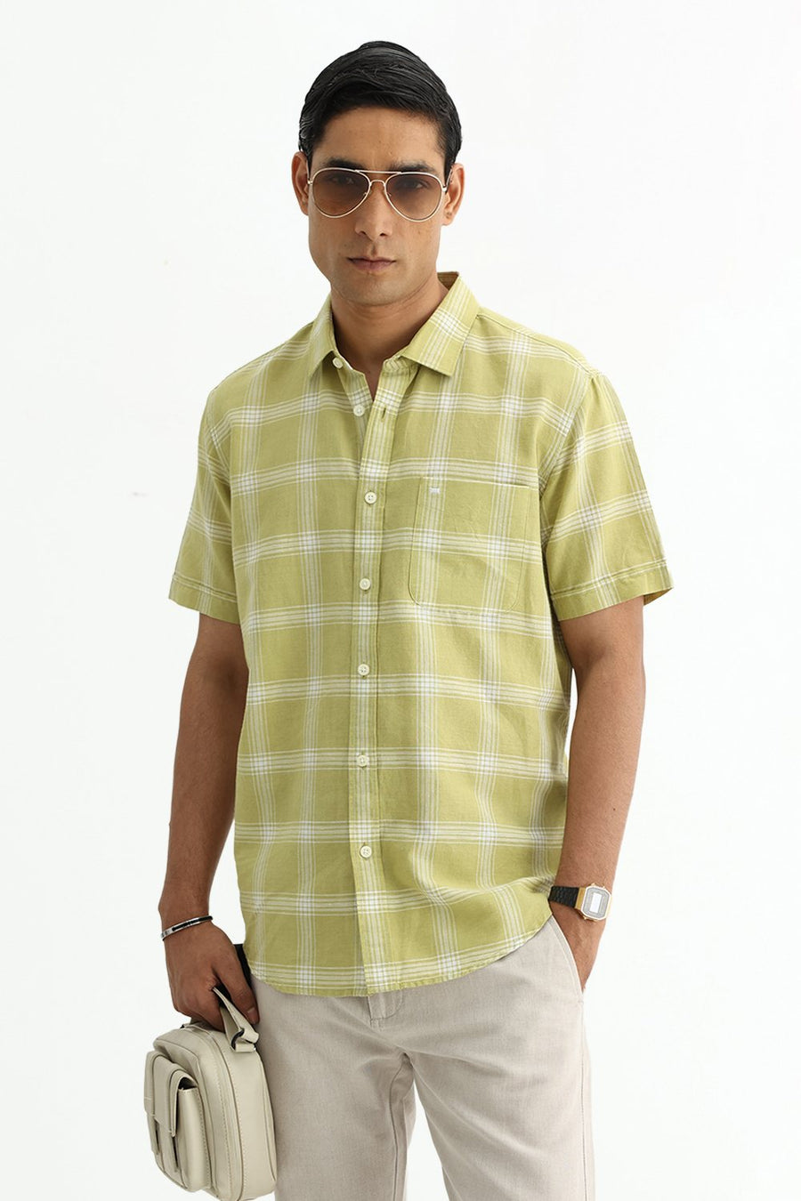 BASICS SLIM FIT BROWN COTTON LINEN CHECKS SHIRT