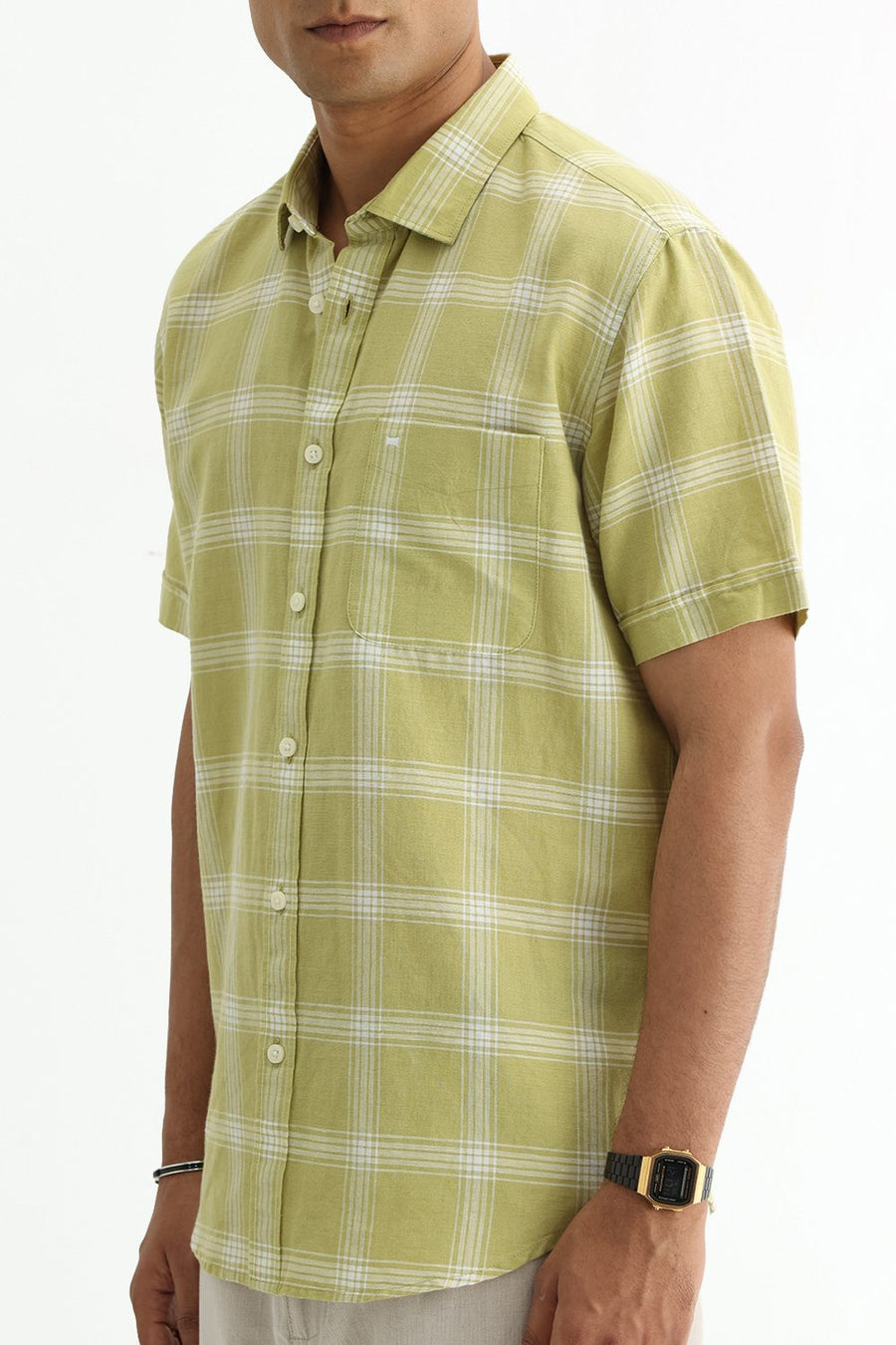 BASICS SLIM FIT BROWN COTTON LINEN CHECKS HALFSLEEVES SHIRT