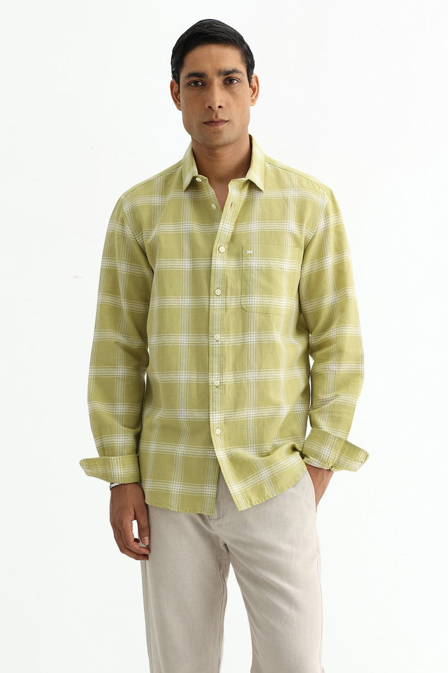 BASICS SLIM FIT BROWN COTTON LINEN CHECKS SHIRT
