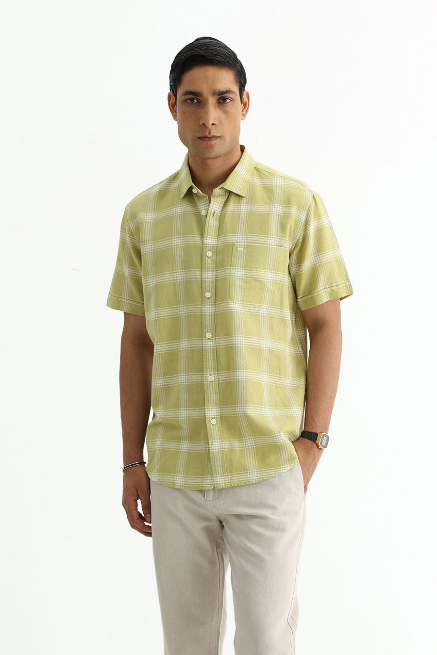 BASICS SLIM FIT BROWN COTTON LINEN CHECKS HALFSLEEVES SHIRT