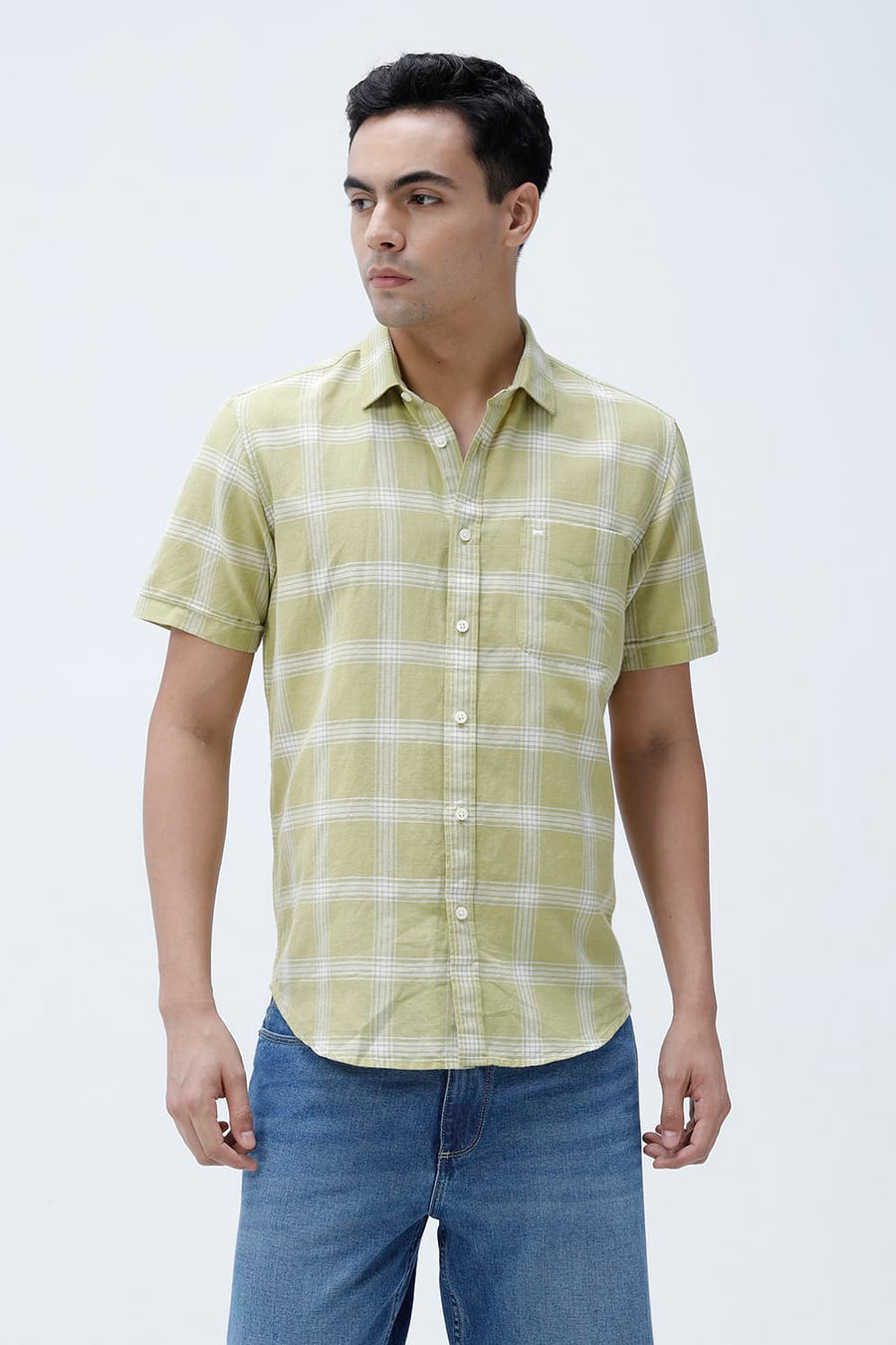 BASICS SLIM FIT BROWN COTTON LINEN CHECKS HALFSLEEVES SHIRT