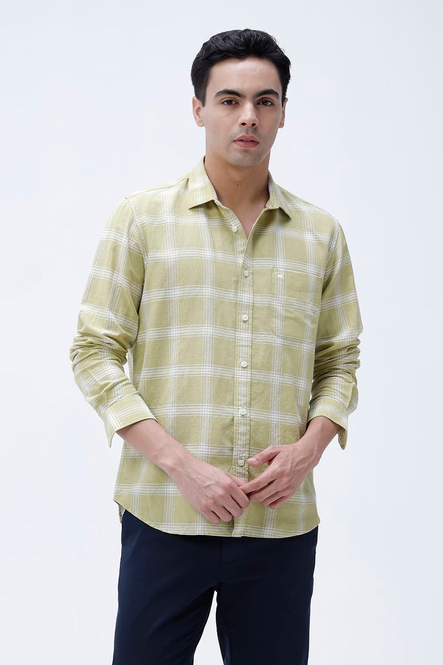 BASICS SLIM FIT BROWN COTTON LINEN CHECKS SHIRT