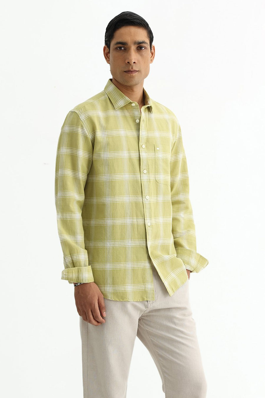 BASICS SLIM FIT BROWN COTTON LINEN CHECKS SHIRT
