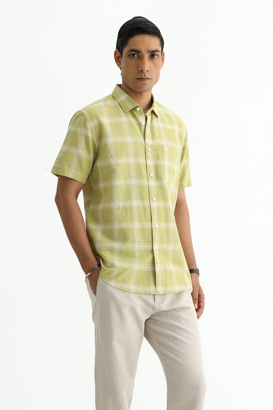 BASICS SLIM FIT BROWN COTTON LINEN CHECKS HALFSLEEVES SHIRT