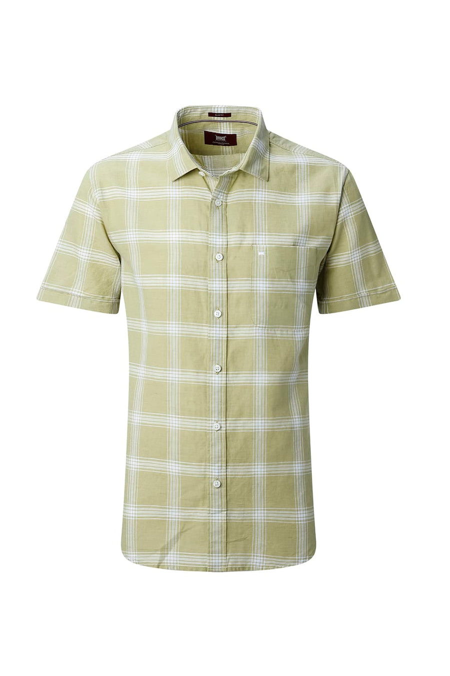 BASICS SLIM FIT BROWN COTTON LINEN CHECKS HALFSLEEVES SHIRT