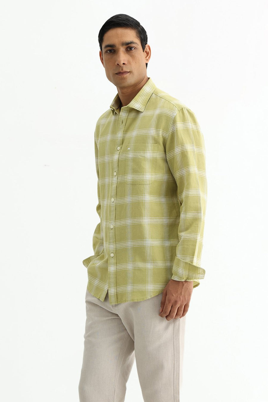 BASICS SLIM FIT BROWN COTTON LINEN CHECKS SHIRT